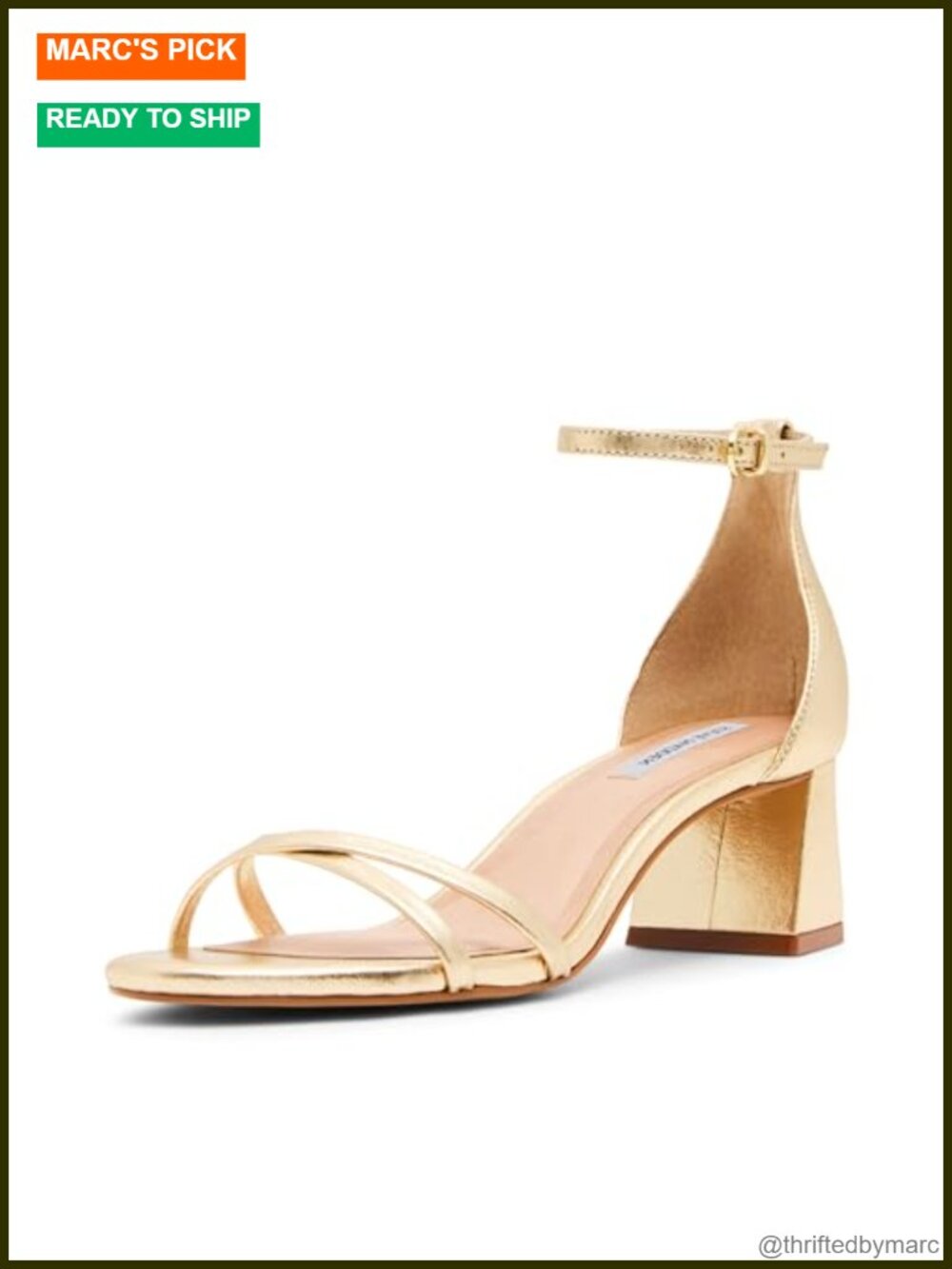 Steve Madden Rae Gold Leather Heeled Sandal Ankle Strap
